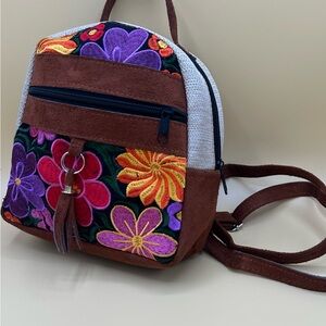 Floral Embroidered Mini Backpack - Brown Suede